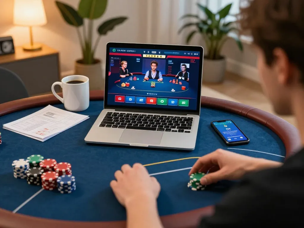 Engaging online poker tournament from home setup with laptop showing website smartcityhostels
