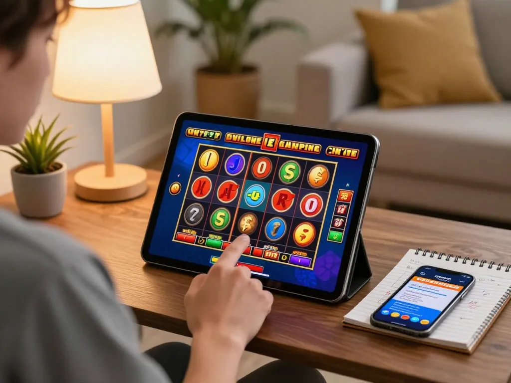 Engaged player enjoying online usa casinos on a tablet in a cozy living room.