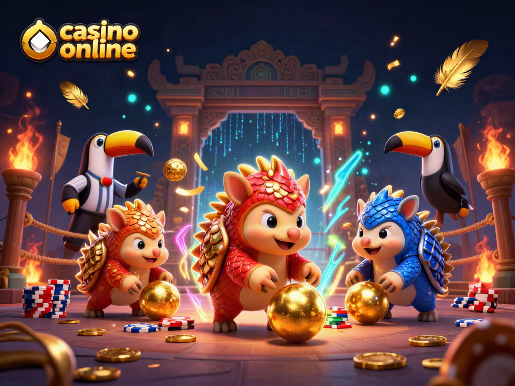 Engage in online casino thrills as rival pangolins compete amidst swirling poker chips and vibrant gold coins.