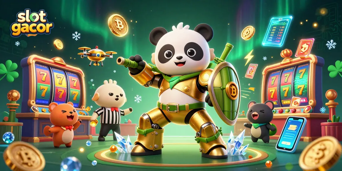Bermain slot gacor dengan tema kasino, menampilkan panda emas dalam robot bertarung dan detail permainan yang menakjubkan.