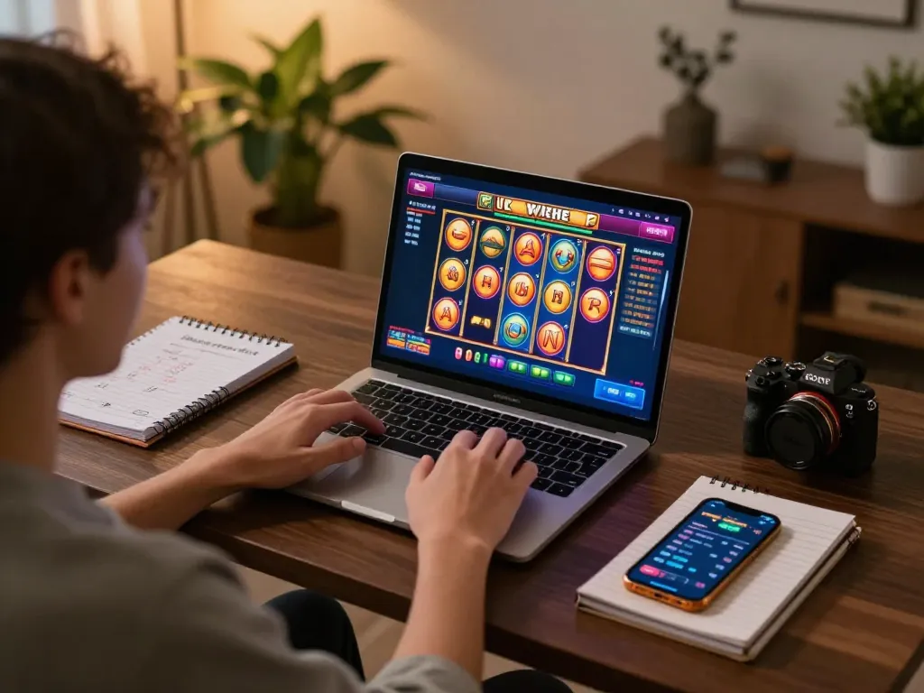 Pemain DASI4D terlibat dengan permainan slot yang cerah di laptop, menampilkan suasana permainan online yang strategis.