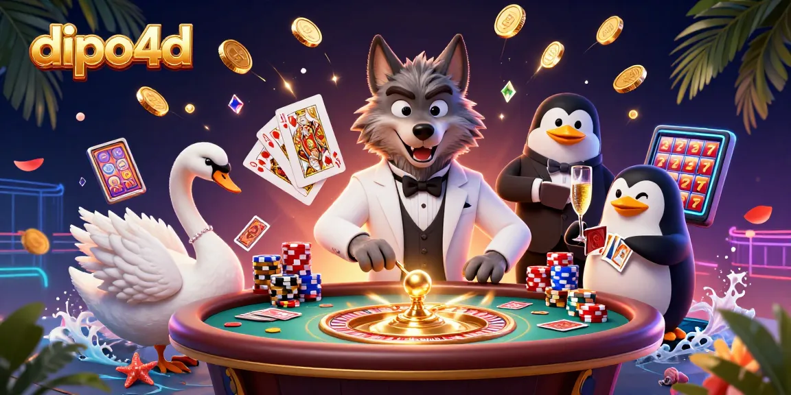 Kartu permainan dan koin emas bertebaran di dipo4d, menghidupkan suasana kasino yang glamor.