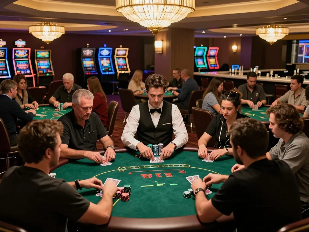 Players at a poker table in an upscale casino, showcasing strategic gameplay with tx88 chips and cards in action.