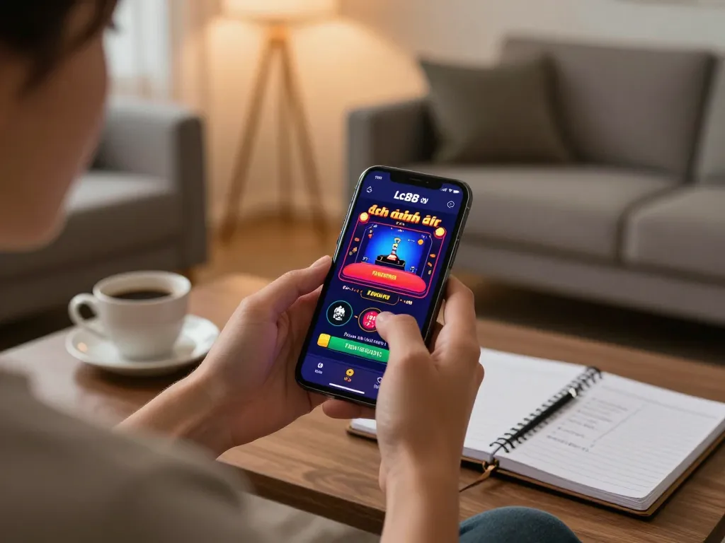Lc88 chính thức user engaged in mobile gambling with a vibrant home atmosphere