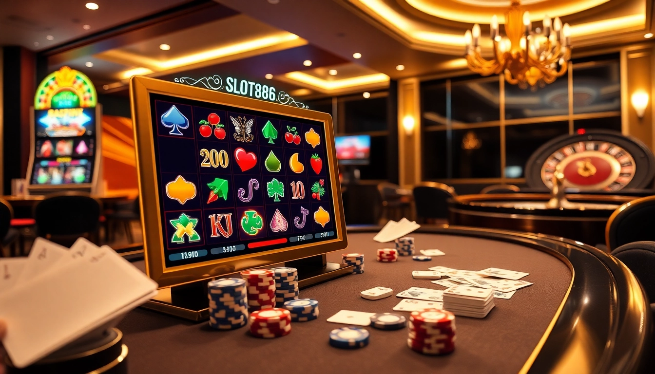 A gambler enjoying the exciting atmosphere at SLOT888, featuring vibrant slot machines and dynamic gameplay.
