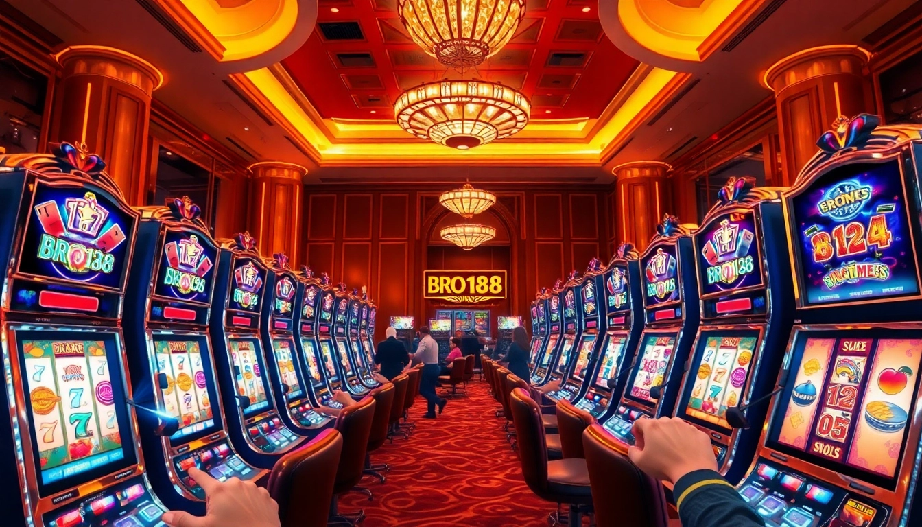 Excited players enjoying the BRO138 slot machines in a stylish casino atmosphere.