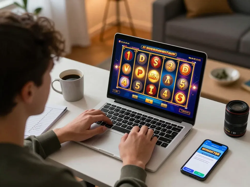 Pemain terlibat dengan slot online aman788 di pengaturan rumah yang nyaman, gulungan berwarna cerah ditampilkan di layar laptop.