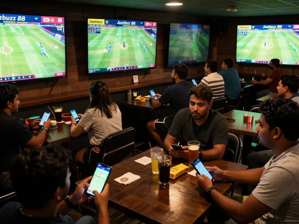 Engaging sports betting moment on Jeetbuzz 88 with excited players using smartphones.
