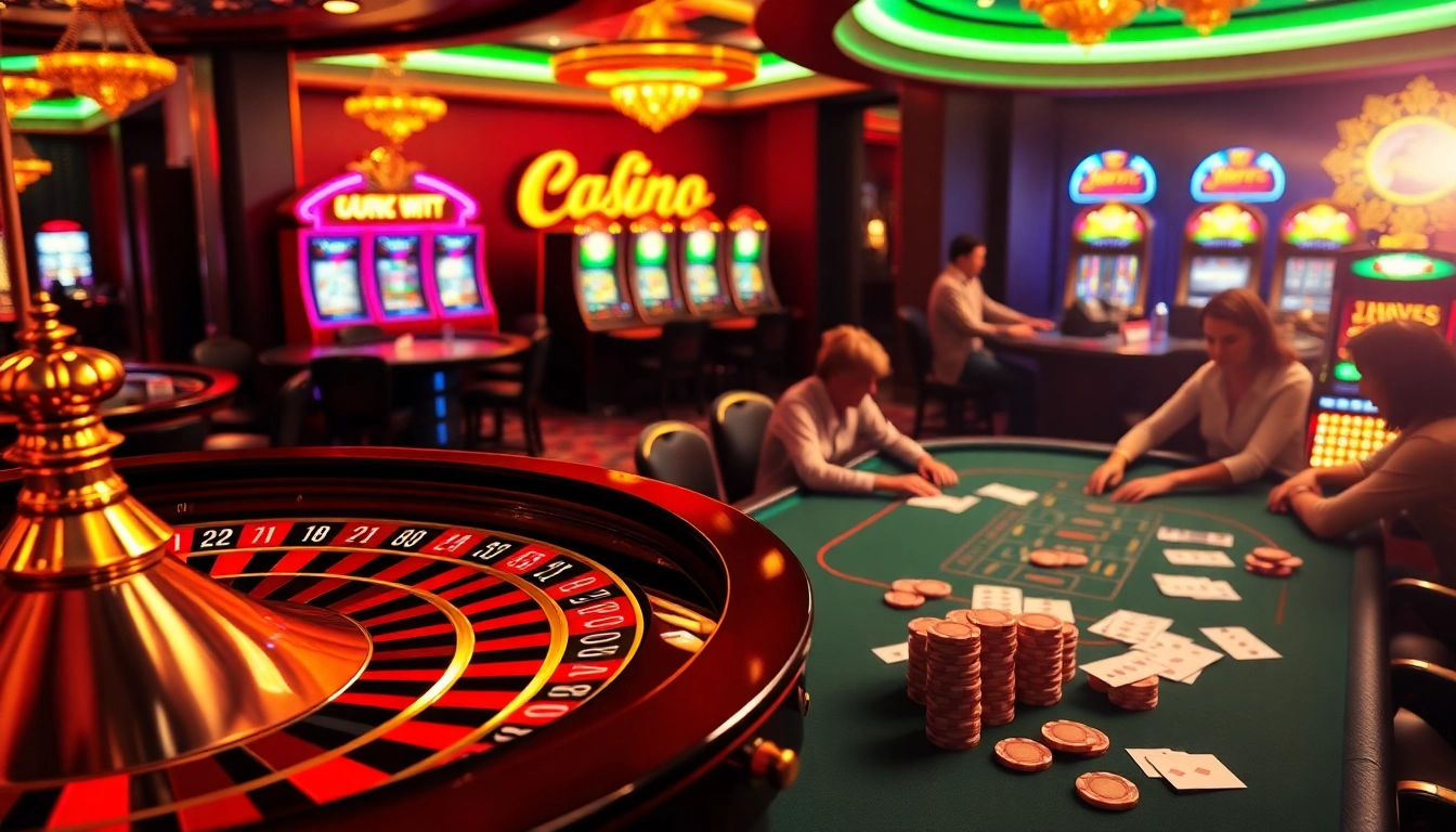 Engaging casino scene showcasing gamebaidoithuong coffee with poker tables and slot machines.