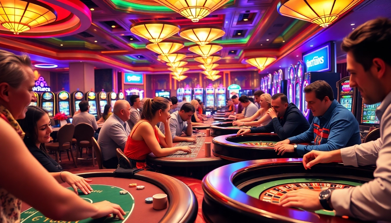 Experience the excitement of Diwa777 with players at engaging casino game tables and vibrant slot machines.