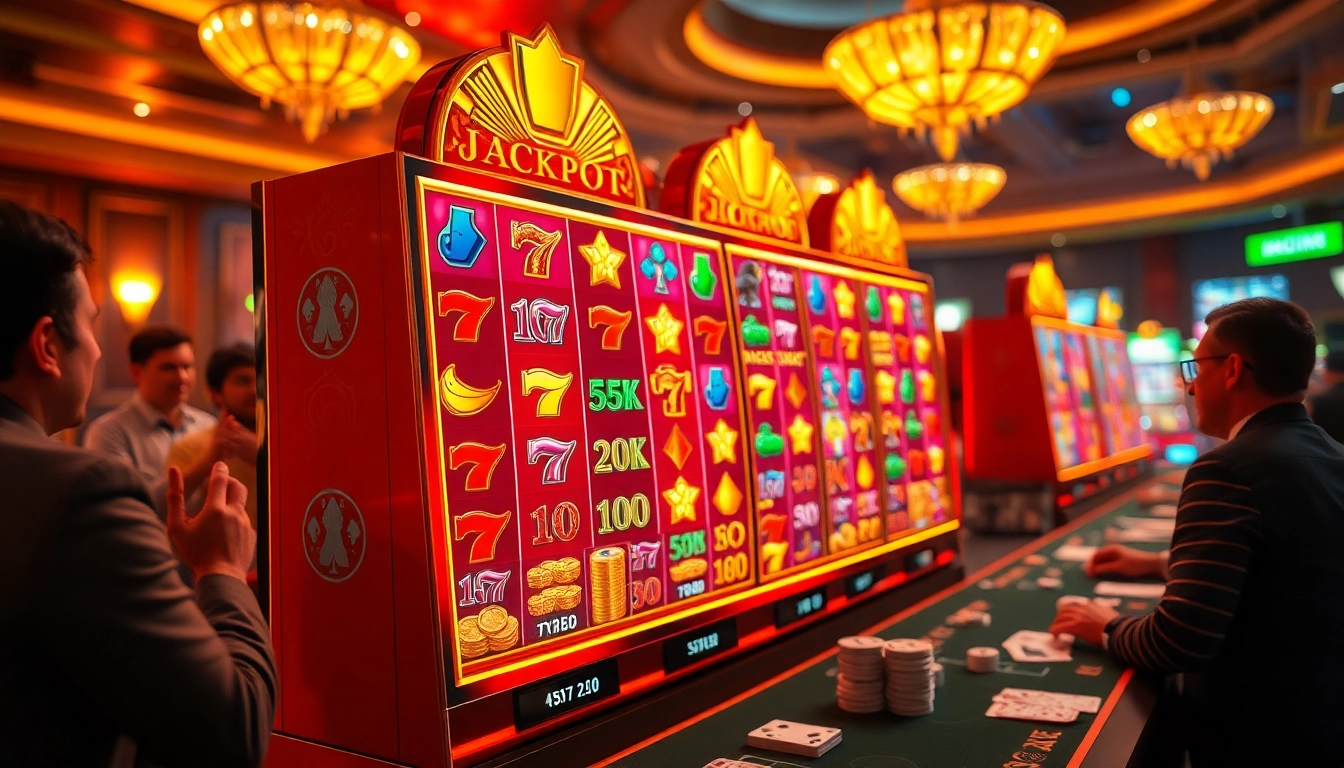 Players enjoying a thrilling moment at a slot machine with vibrant graphics and jackpot action.