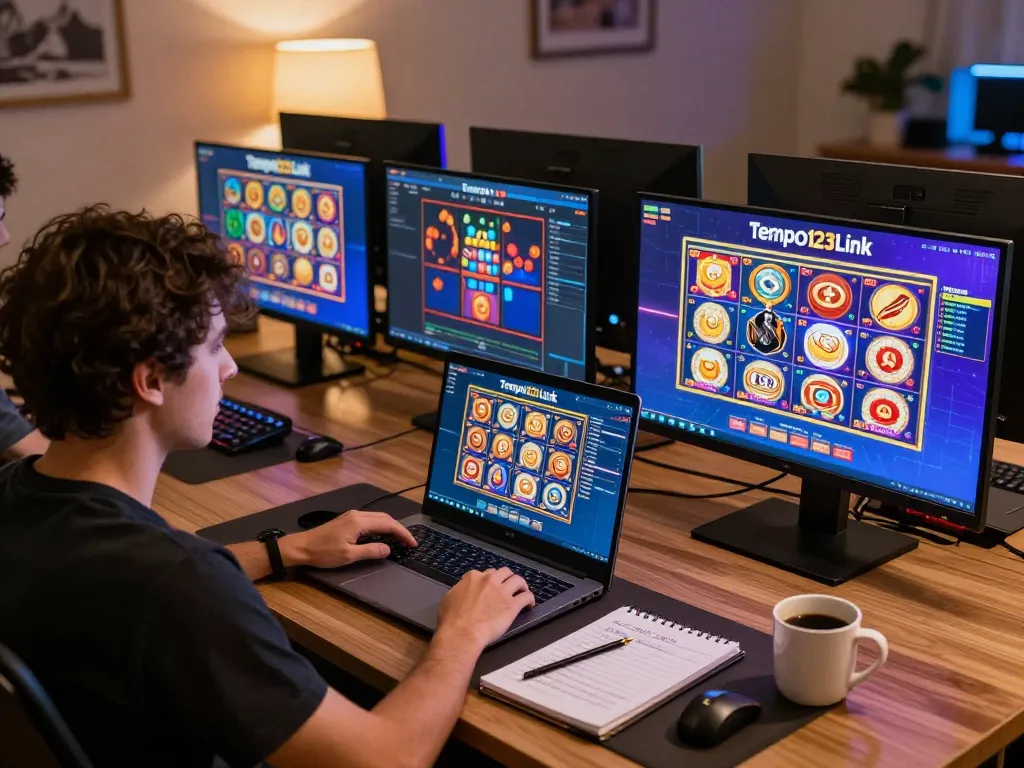 Adegan permainan online yang menarik dengan antarmuka Tempo123 Link di beberapa layar, menampilkan permainan slot dinamis