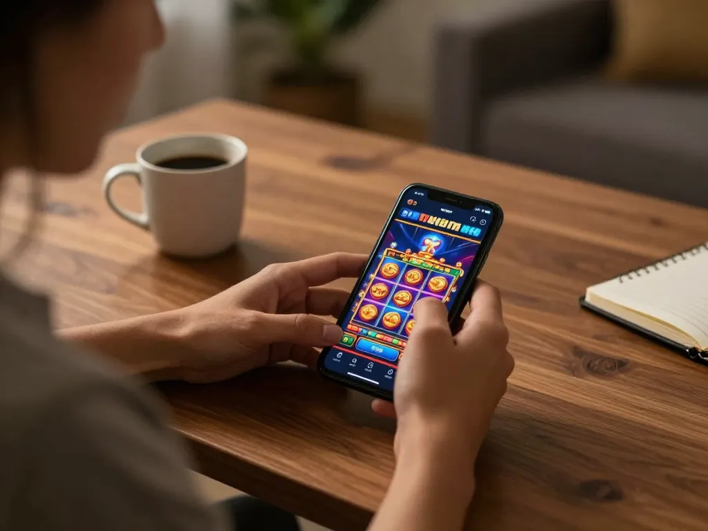 Player spinning slots on 388bet mobile app in a cozy home setting
