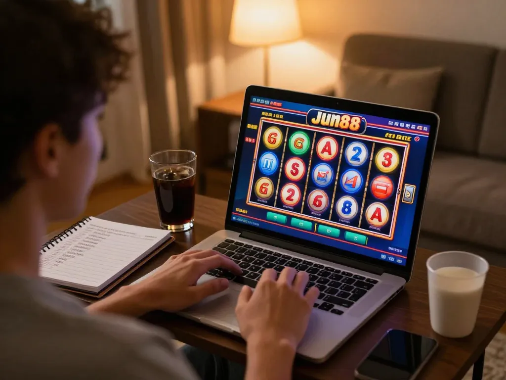 Player spinning reels on Jun88 during online slot game, highlighting exciting home gaming experience