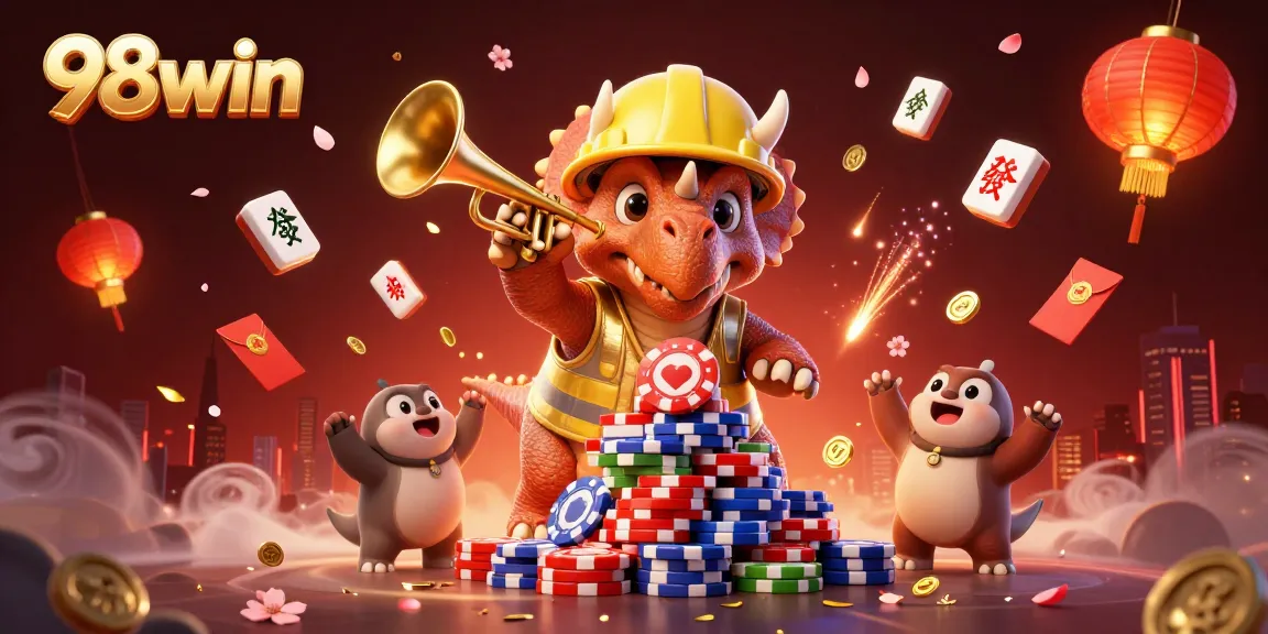 Celebrate wins with 98win's vibrant gambling illustration featuring dynamic casino elements.