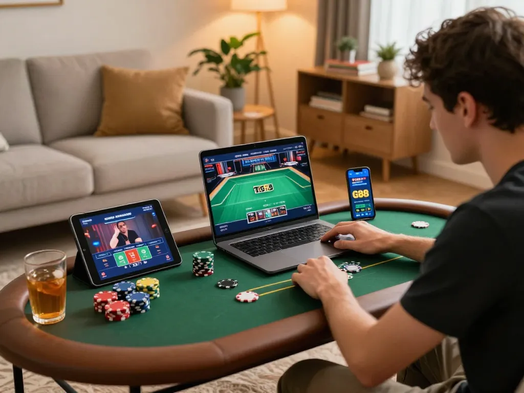 Engaged player exploring TG88 casino app on a laptop in a cozy home setting, showcasing online poker gameplay.