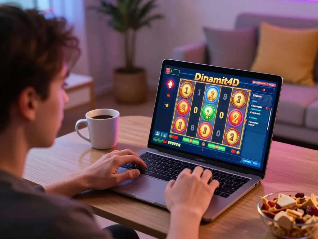 Playing Dinamit4D on a laptop with spinning slot reels while enjoying a cozy home environment