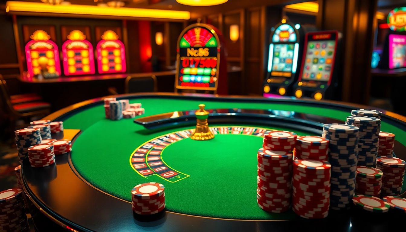 Experience the excitement of Nc88 at a luxurious casino table filled with colorful poker chips.