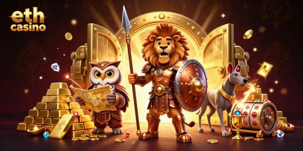 Experience the thrill of eth casino with a dynamic 3D scene featuring a Spartan lion, tactical owl, and swift greyhound amidst a treasure vault.