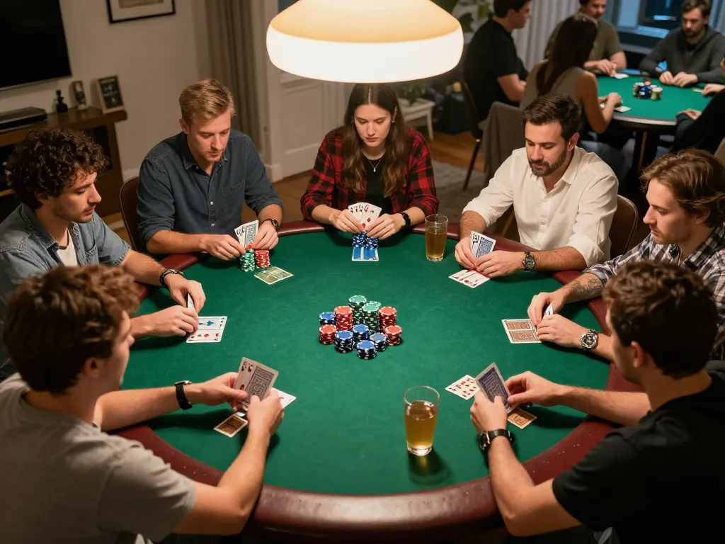 Players engaged in a friendly poker night at home, showcasing the thrill and strategy of lode88 gaming.