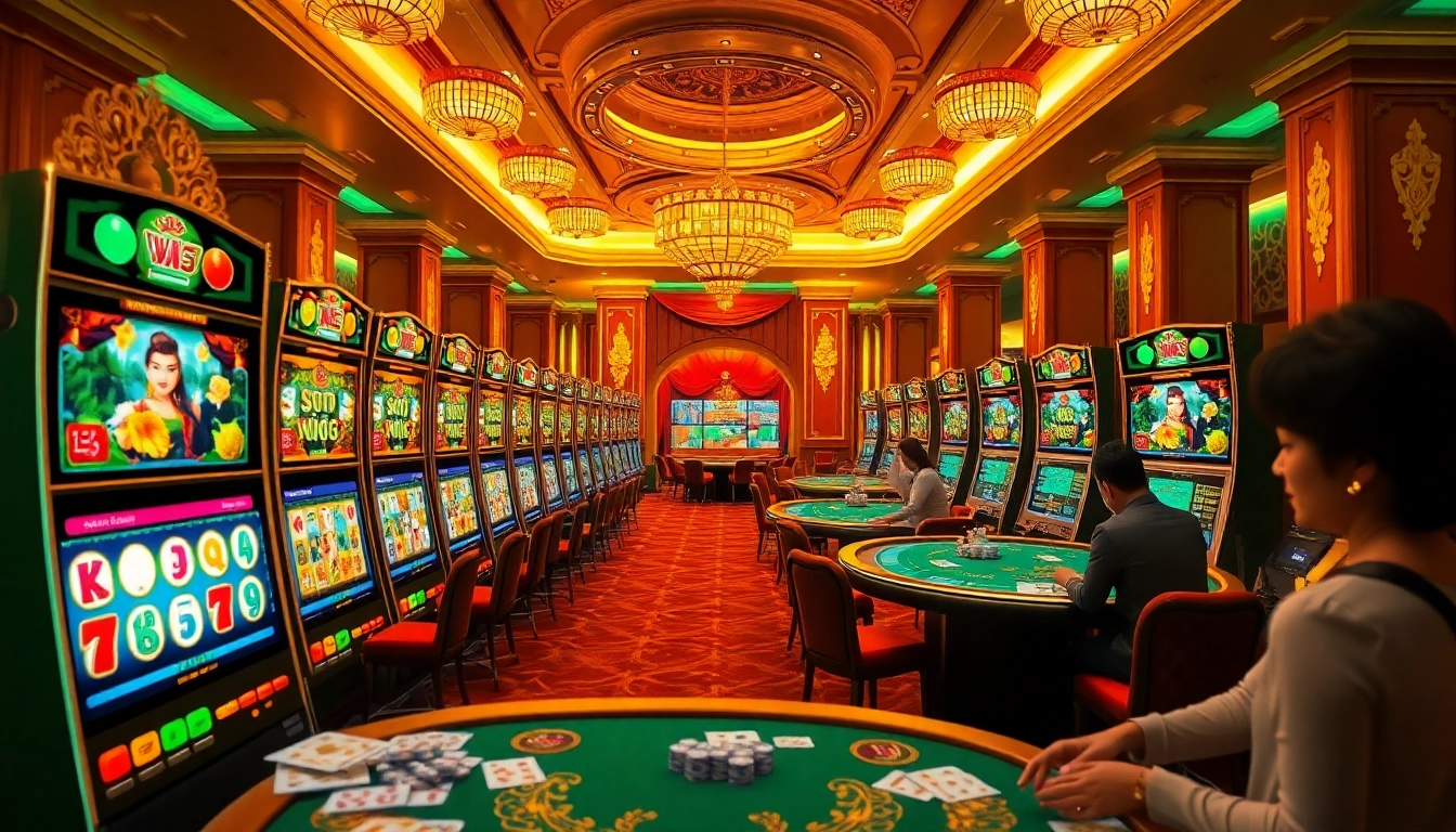 Engage in the thrilling Slot Mahjong experience with colorful machines in a luxurious casino setting.