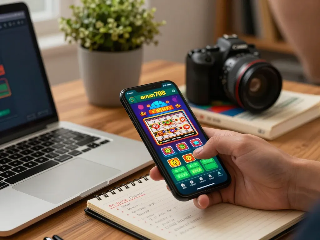 Permainan menarik di aplikasi kasino aman788 ditampilkan di smartphone dalam suasana rumah yang nyaman.
