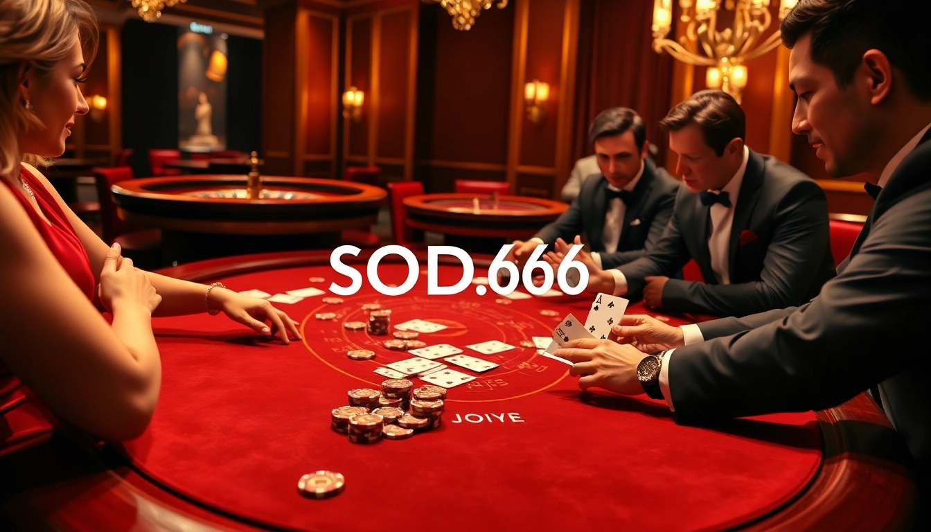 SODO66 players strategizing their bets at an elegant baccarat table in a luxurious casino atmosphere.