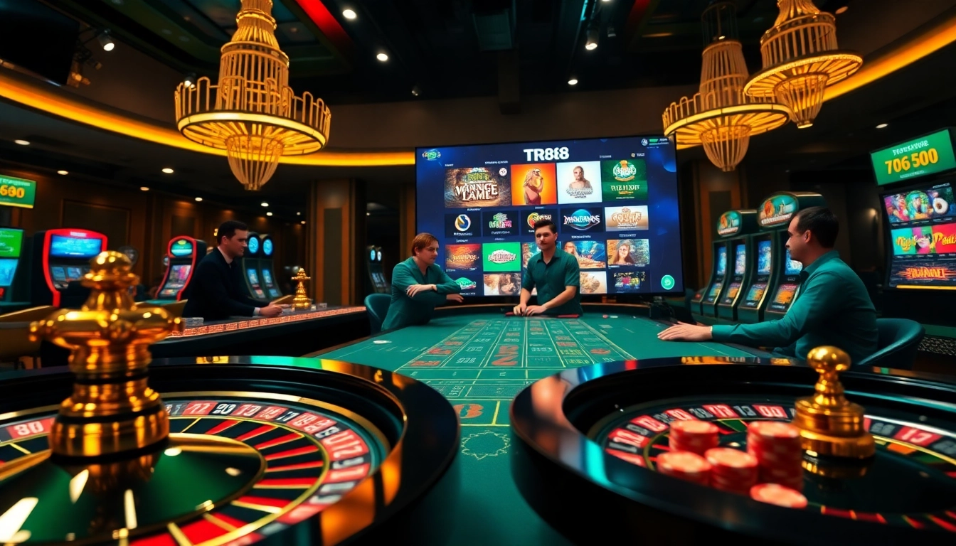 Engaging players at TR88 casino tables with vibrant chips and roulette wheels, showcasing excitement.