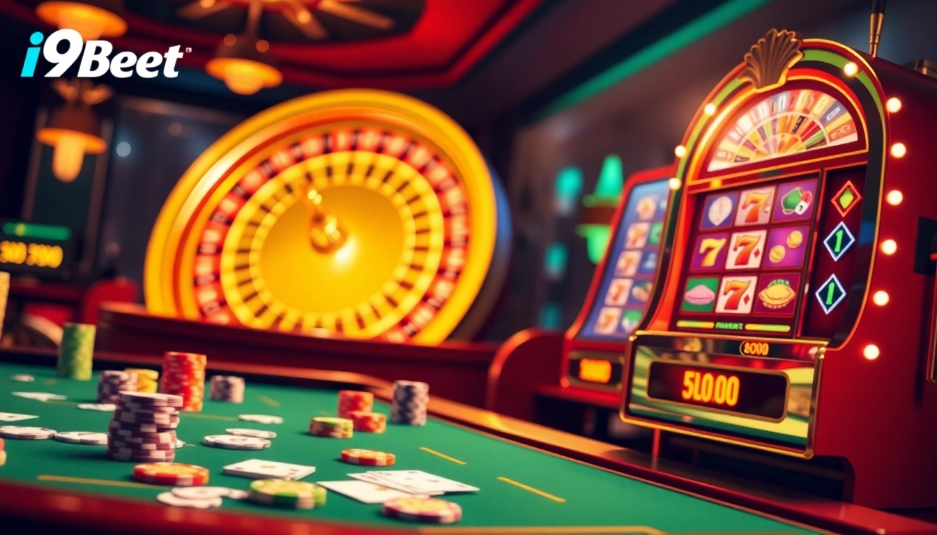 Dynamic casino scene featuring i9bet online interface with vibrant tables and betting activities.