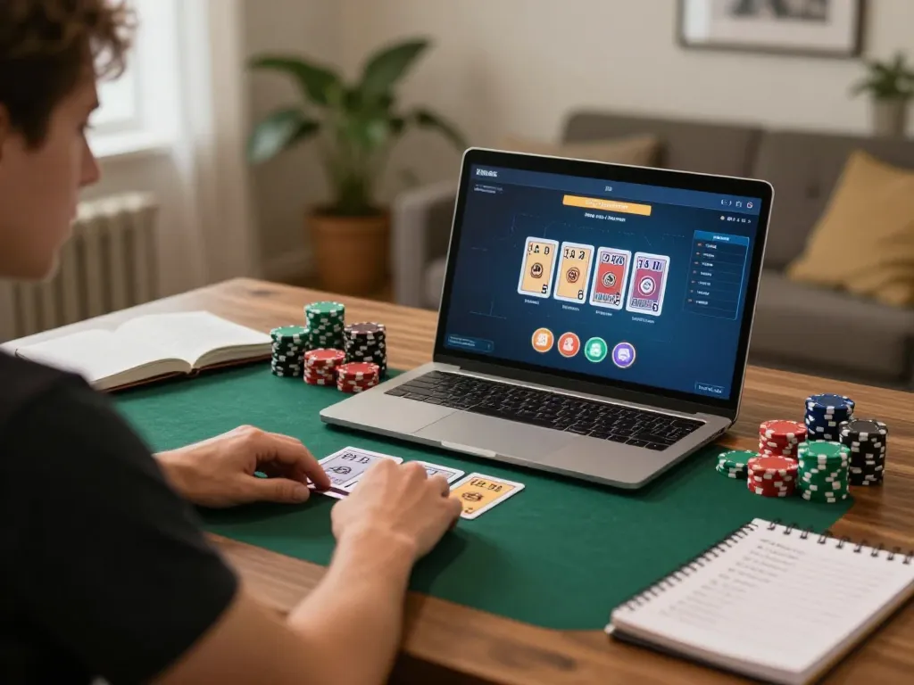 tip88 players engaging in online poker strategy at home office with warm atmosphere