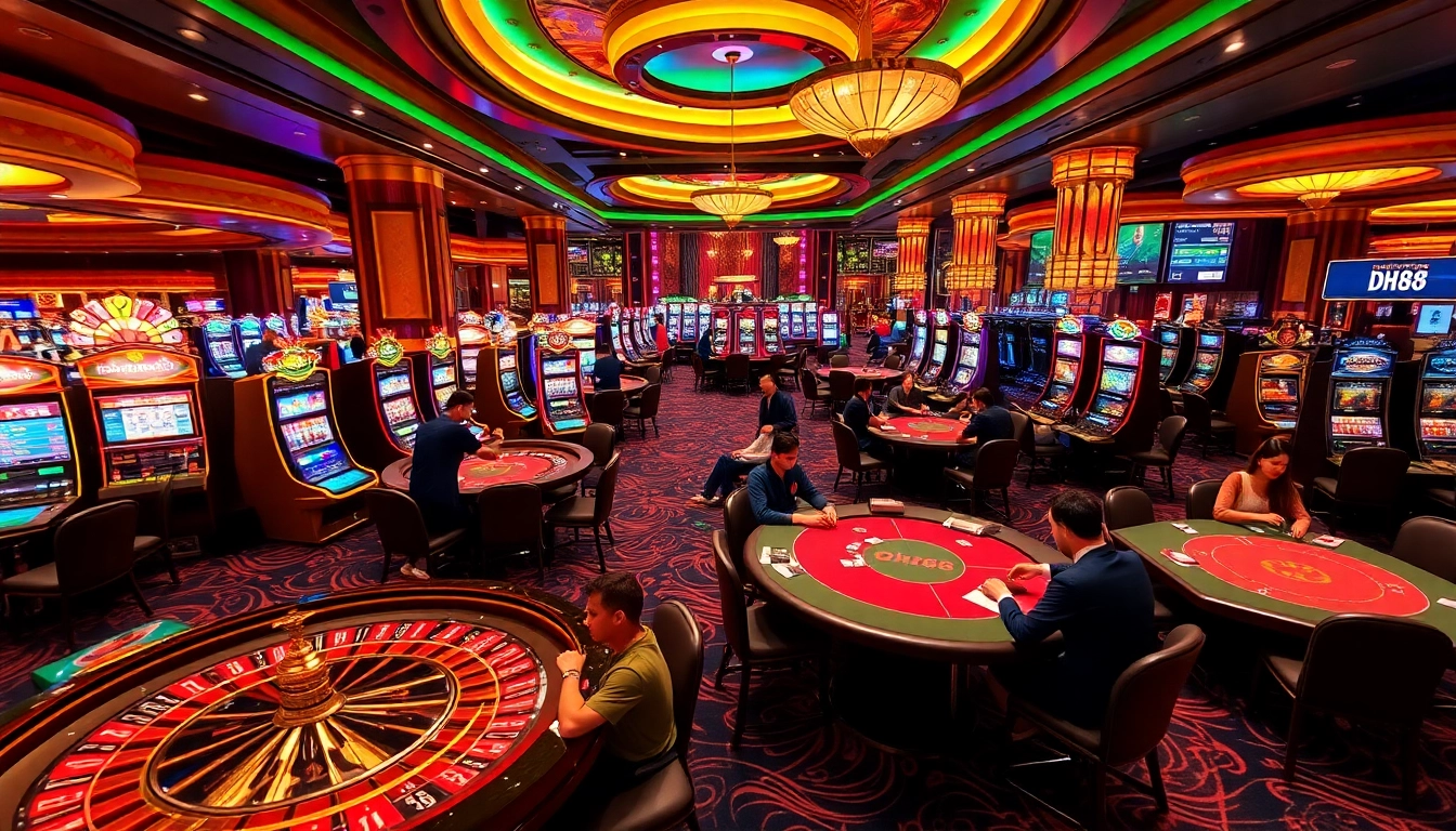 Experience thrilling gaming at DH88 with poker chips, roulette tables, and vibrant slot machines.