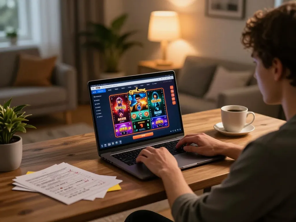 Player enjoying cm88 online casino games at home, showcasing dynamic gameplay on laptop in a cozy setting.