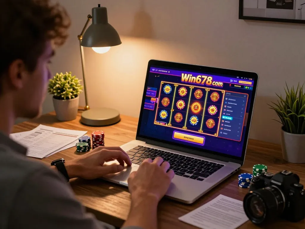 Engaging in online gameplay on Win678 com showcasing vibrant slots experience and strategic notes.