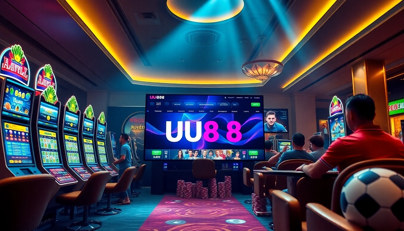 Dynamic online gambling scene at UU 88 with colorful slot machines and betting slips.
