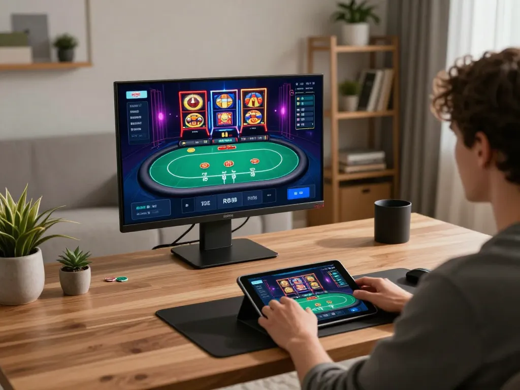 Engage in RR88 online gaming from a stylish home office, showcasing a dynamic gaming experience.