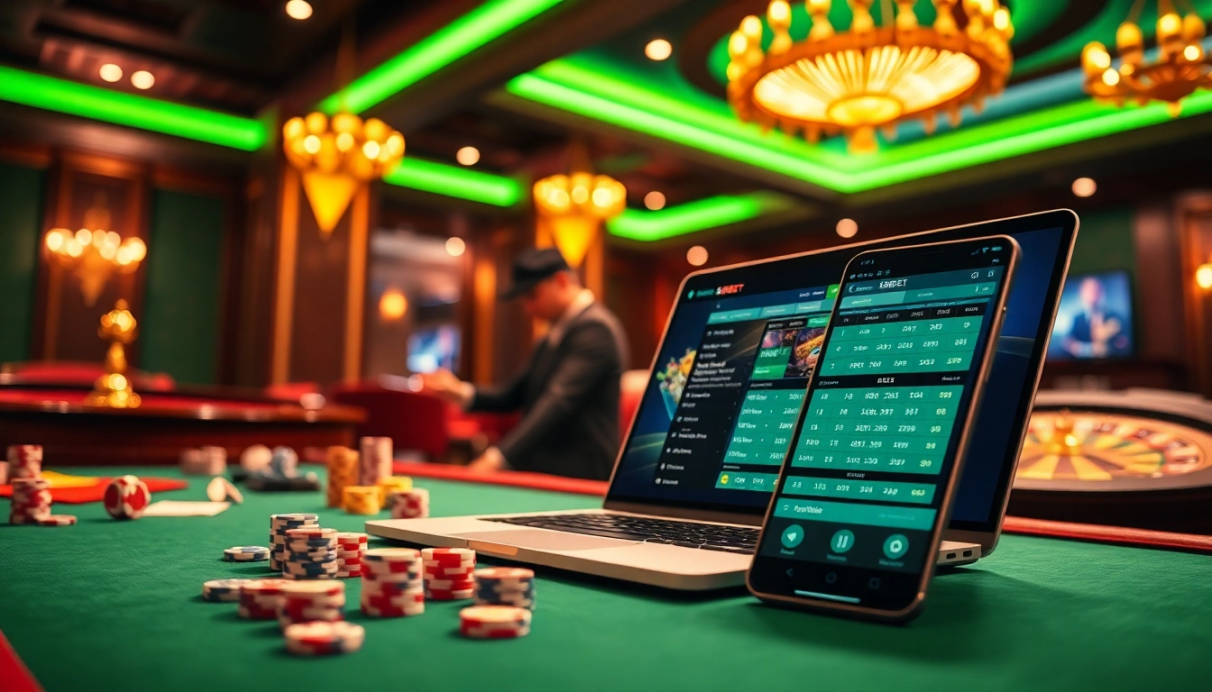 Engaging in SBOBET link login action with poker chips and online betting interface.