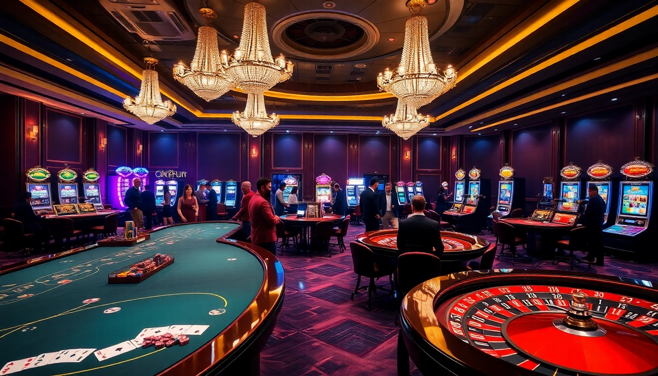 Players enjoying the excitement of casino gaming at OKFUN with vibrant tables and slot machines.