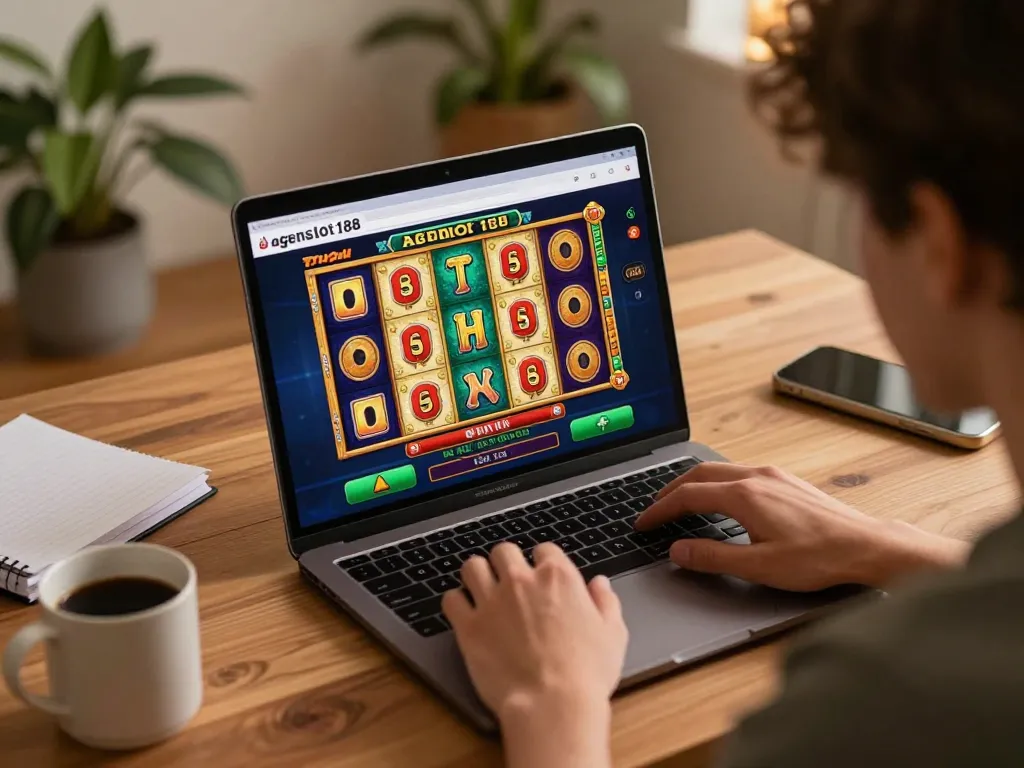 Player enjoying an online slot session on agenslot188, showcasing excitement and strategy in a cozy home office.