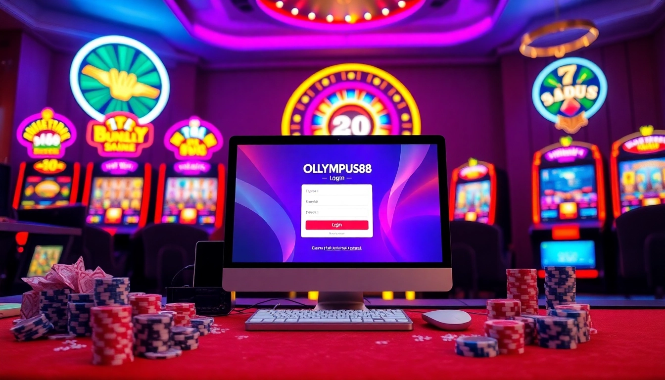 Login to OLYMPUS88 with excitement, featuring an engaging casino setup showcasing online gaming elements.