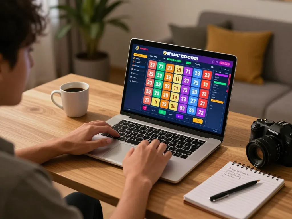 Permainan situs togel di laptop yang menampilkan antarmuka taruhan yang cerah dan strategi dalam pengaturan rumah yang nyaman