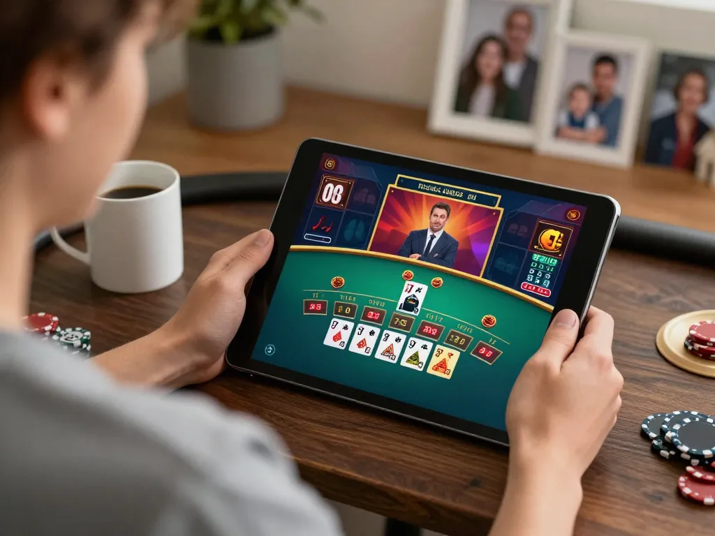 Engaging player enjoying SC88 Com blackjack on tablet in a cozy home setting