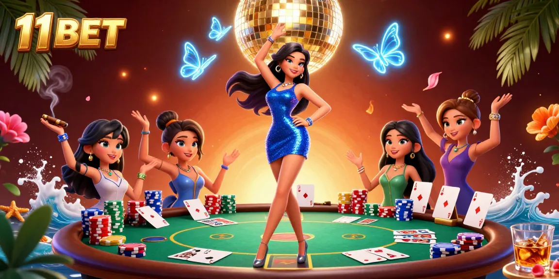 Experience thrilling gameplay at 11 BET with a glamorous woman dancing amidst colorful poker elements.