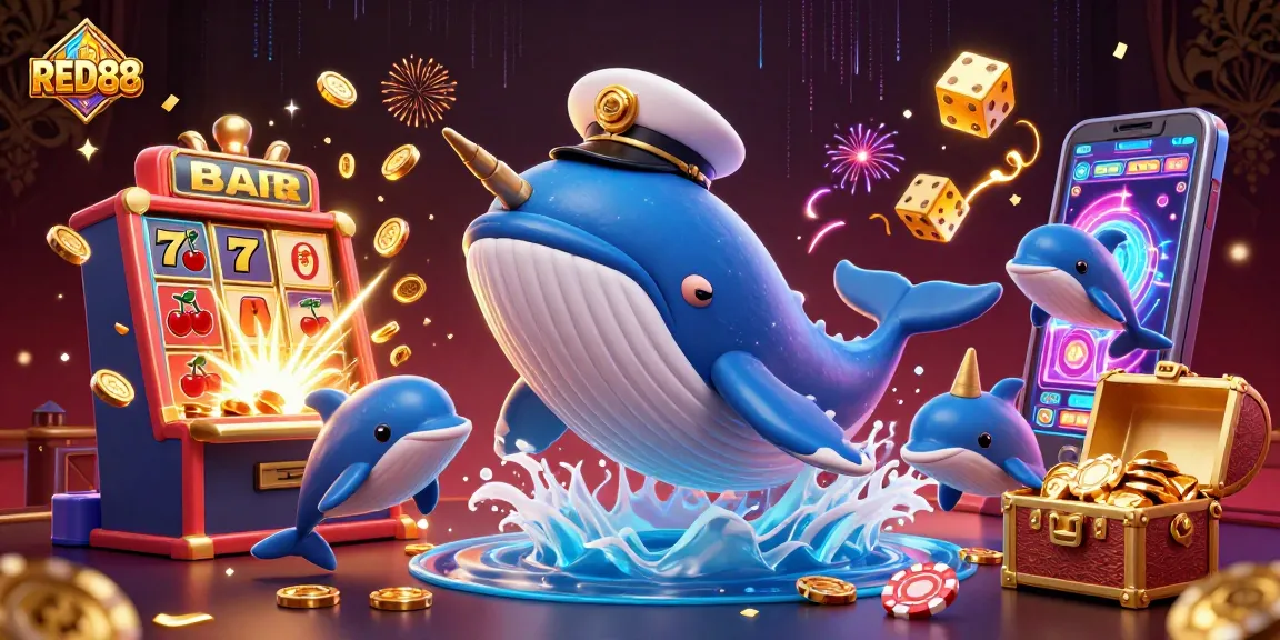 Engage with RED88 through an exciting 3D casino scene featuring a whale and gaming elements.