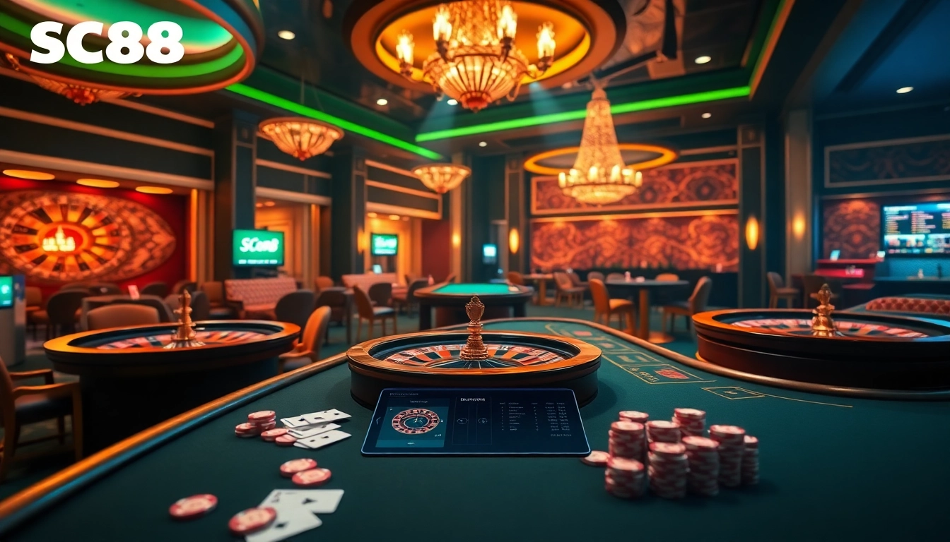 Immerse yourself in the excitement of Trang chủ cá cược SC88, featuring vibrant casino tables and engaging gaming elements.