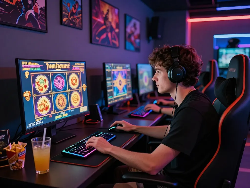 Player engaging with online gaming interface on sunwin chính thức platform in a vibrant gaming setup