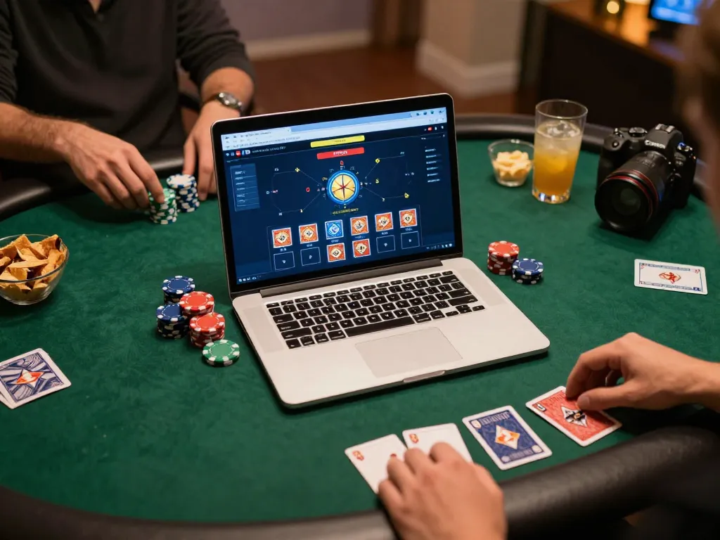 Playing poker online at home with ytr88, showing a vibrant laptop and cozy snacks.
