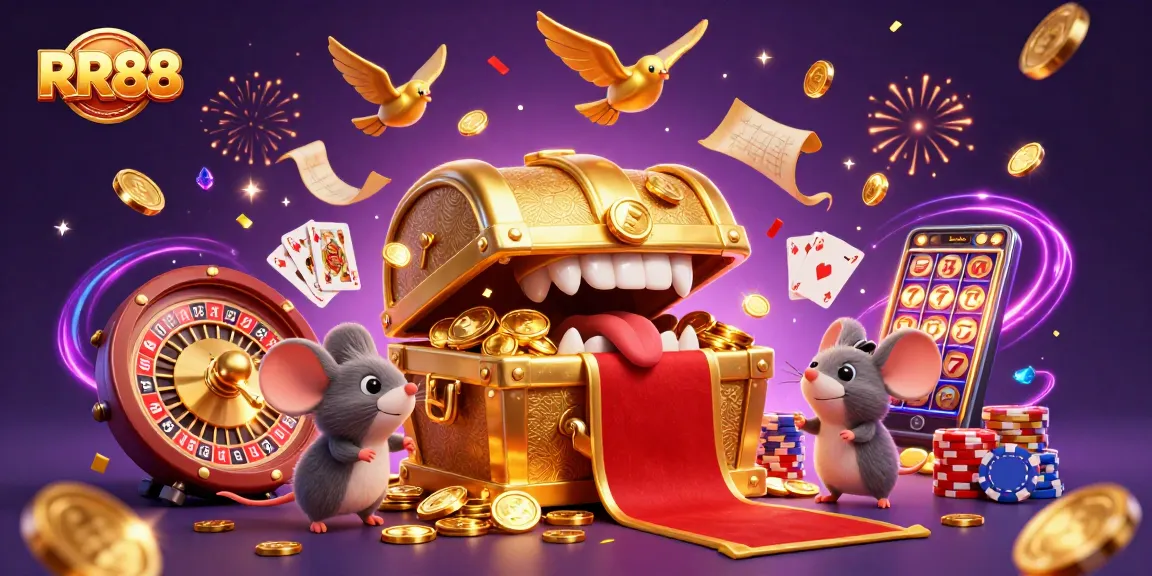 RR88 casino character scene showcasing a gold treasure chest and vibrant game elements for online players.