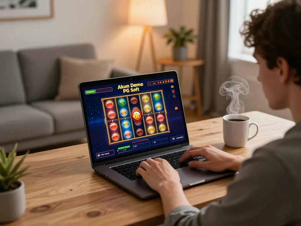 Akun Demo PG Soft sesi yang menampilkan pengguna yang terlibat dalam permainan slot online yang bersemangat di laptop di rumah.