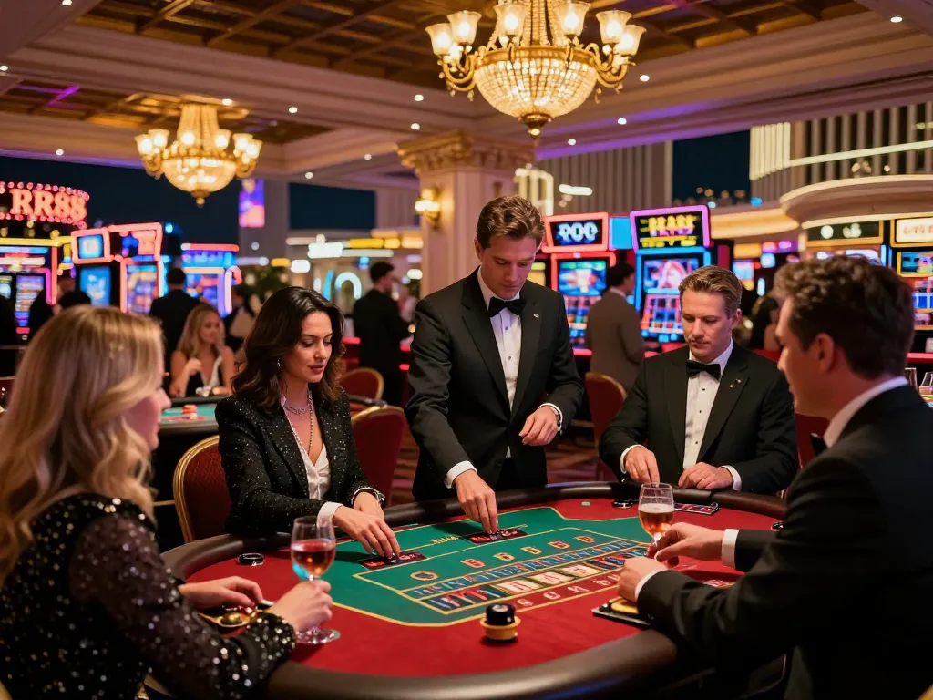 Players enjoying vibrant gaming atmosphere at RR88 casino, with roulette and blackjack tables.