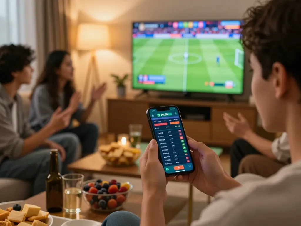 Engaging in live sports betting on PHTAYA with friends, showcasing a smartphone in a cozy atmosphere.